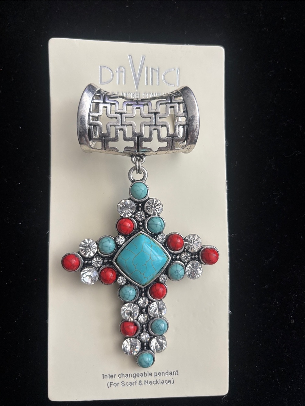 DaVinci Turquoise, Red & Clear Cross Clip Pendant